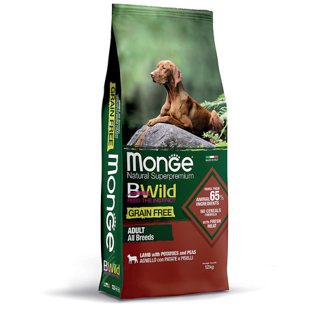 Корм сухой Monge Dog Bwild Grain Free, беззерновой, из мяса ягненка, с картофелем и горохом, для взрослых собак всех пород, 12 кг, 70011730