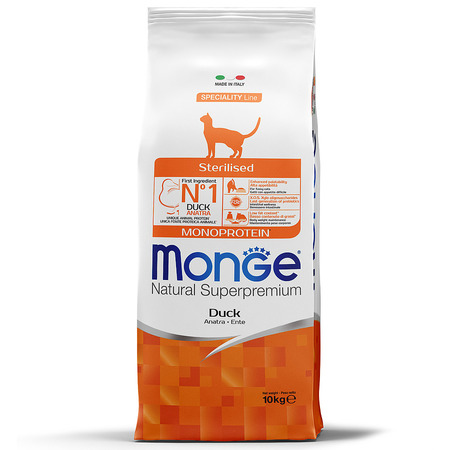 Корм сухой Monge Cat Monoprotein Sterilised с уткой, для стерилизованных кошек, 10 кг, 70056182
