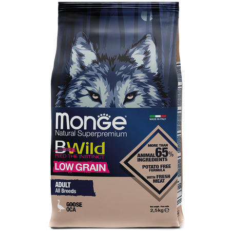 Сухой корм Monge Dog BWild Low Grain низкозерновой из мяса гуся для взрослых собак всех пород 2,5 кг