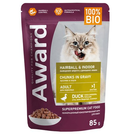 Влажный корм AWARD Hairball & Indoor для выведения шерсти у взрослых домашних кошек, кусочки в соусе с уткой 85 г 12 шт.