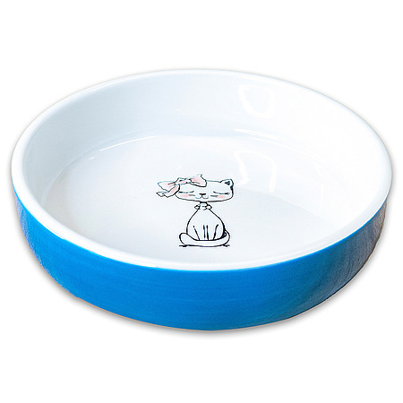Миска Mr.Kranch керамическая для кошек Кошка с бантиком 370 мл голубая