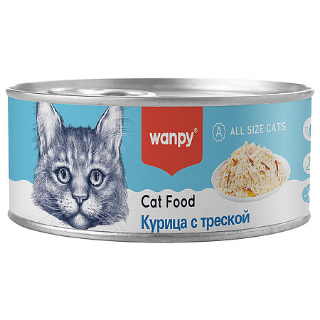 Wanpy Cat Консервы для кошек \\\\\\\"Кусочки курицы и треска\\\\\\\" 95 г, 12 шт