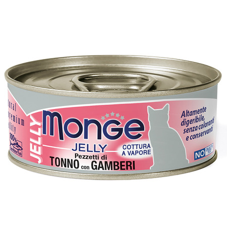 Влажный корм Monge jelly Adult cat для взрослых кошек с желтоперым тунцом и креветками, консервы 80 г, 12 шт