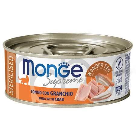 Влажный корм Monge Supreme Sterilised для стерилизованных кошек из тунца с крабом, консервы 80 г 12 шт.
