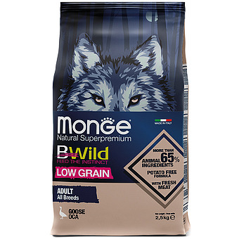 Сухой корм Monge Dog BWild Low Grain низкозерновой из мяса гуся для взрослых собак всех пород 2,5 кг фото 1