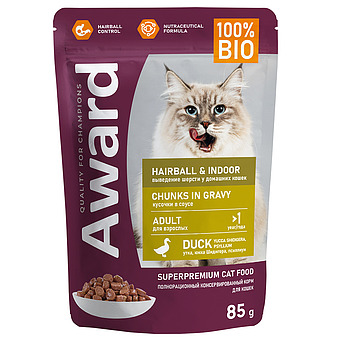 Влажный корм AWARD Hairball & Indoor для выведения шерсти у взрослых домашних кошек, кусочки в соусе с уткой 85 г 12 шт. фото 1
