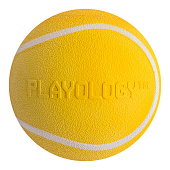 Playology жевательный мяч SQUEAKY CHEW BALL 8 см для собак средних и крупных пород с пищалкой и с ароматом курицы, цвет желтый фото 1