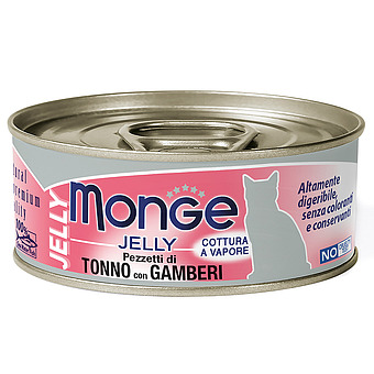 Влажный корм Monge jelly Adult cat для взрослых кошек с желтоперым тунцом и креветками, консервы 80 г, 12 шт фото 1